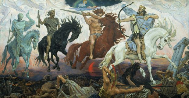 Four Horsemen of the Apocalypse, an 1887 painting by Victor Vasnetsov. The Lamb is visible at the top.